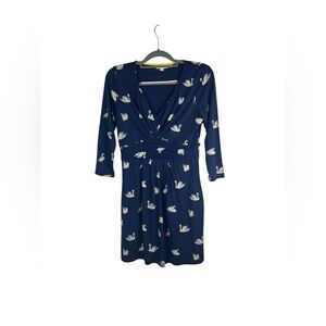 Boden Marion jersey knit navy blue swan print 3/4 sleeve dress size‎ us 6